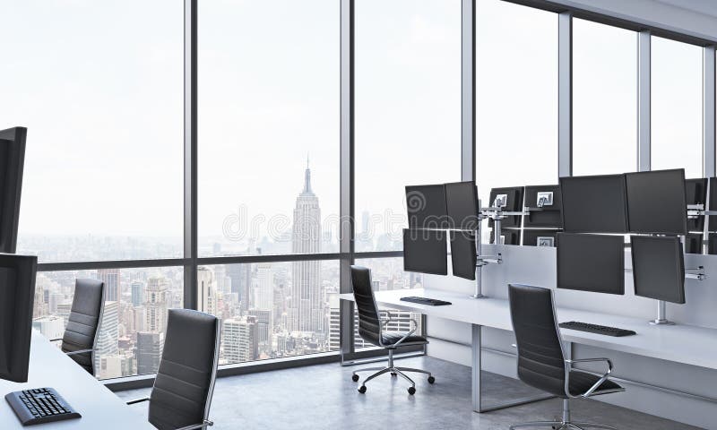 I posti di lavoro di un commerciante moderno in un ufficio moderno luminoso dello spazio aperto Tavole bianche fornite delle staz royalty illustrazione gratis I posti di lavoro di un commerciante moderno in un ufficio moderno luminoso dello spazio aperto Tavole bianche fornite delle staz royalty illustrazione gratis