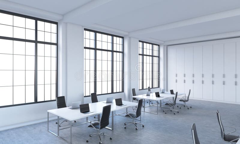 I posti di lavoro in uno spazio aperto moderno luminoso mandano in aria l'ufficio illustrazione vettoriale I posti di lavoro in uno spazio aperto moderno luminoso mandano in aria l'ufficio illustrazione vettoriale