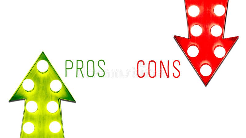 Pros and cons red and green right left up down vintage retro arrows illuminated light bulbs. Concept for advantages and disadvantages, risk and opportunity. Isolated on white background with text. Pros and cons red and green right left up down vintage retro arrows illuminated light bulbs. Concept for advantages and disadvantages, risk and opportunity. Isolated on white background with text.