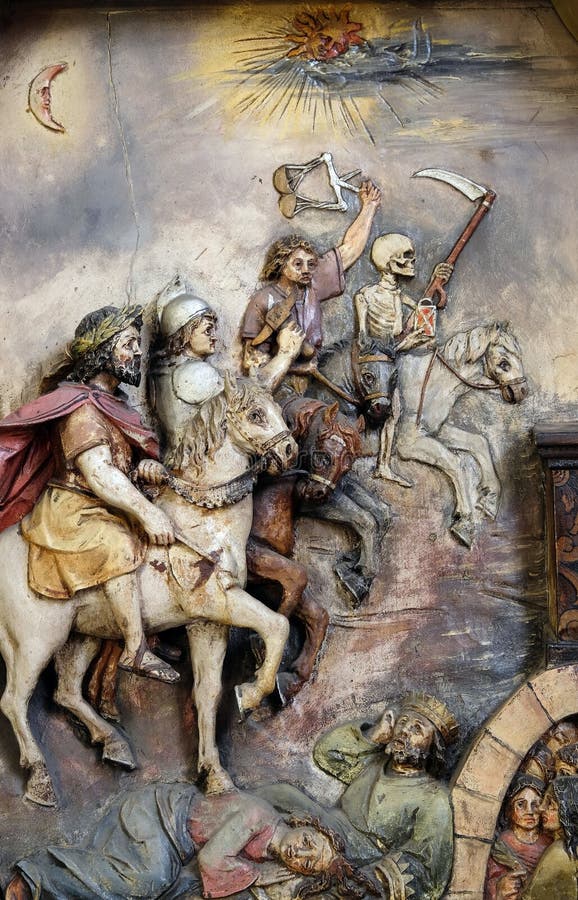 The four horsemen of the apocalypse, Saint George altar in the Basilica of the Sacred Heart of Jesus in Zagreb, Croatia. The four horsemen of the apocalypse, Saint George altar in the Basilica of the Sacred Heart of Jesus in Zagreb, Croatia