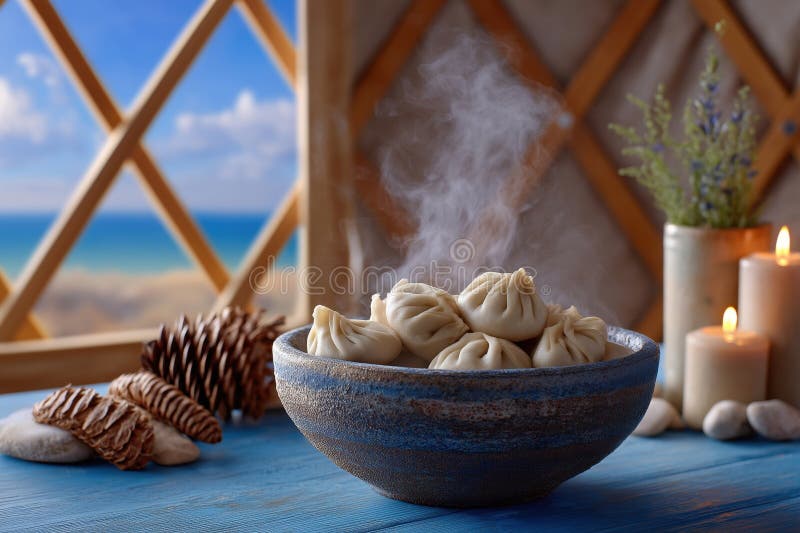 I ravioli di buuz mongoli che bruciano in una ciotola rustica creano un'atmosfera invitante a yurt. La luce naturale mette in luce fotografia stock
