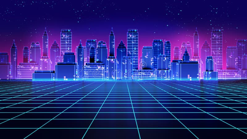 I retro anni 80 futuristici della città del grattacielo disegnano l'illustrazione 3d illustrazione di stock