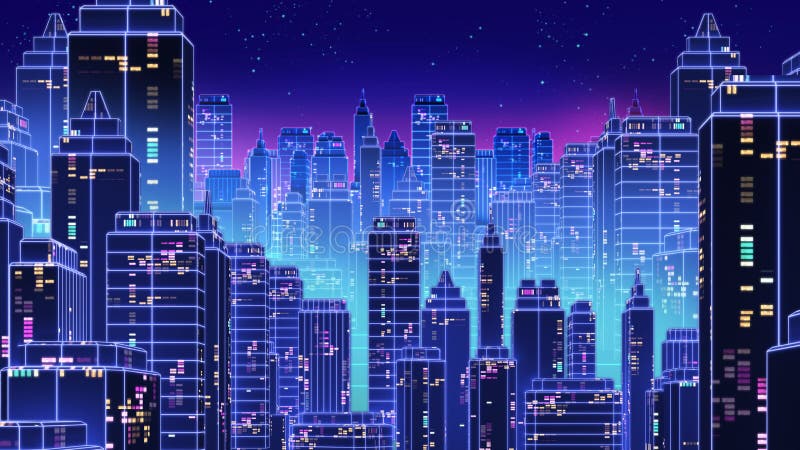 I retro anni 80 futuristici della città del grattacielo disegnano l'illustrazione 3d illustrazione di stock