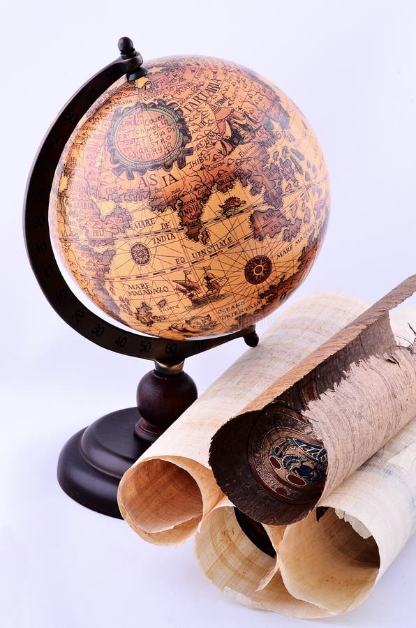 Ancient map of Earth and Globe with seven seas voyager. Ancient map of Earth and Globe with seven seas voyager