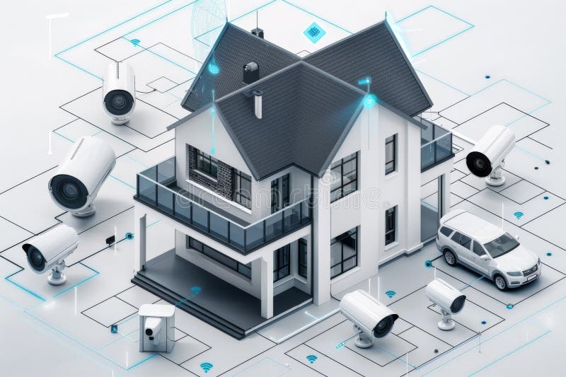 I sistemi cctv utilizzano tecnologie di rilevazione high-tech per la sicurezza delle famiglie, integrando le telecamere ad alta ve royalty illustrazione gratis