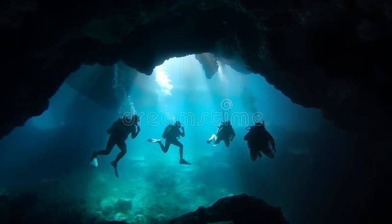 I sommozzatori che esplorano le misteriose caverne del sistema subacqueo immergono le profondità delle scorte Foto Generative AI illustrazione di stock