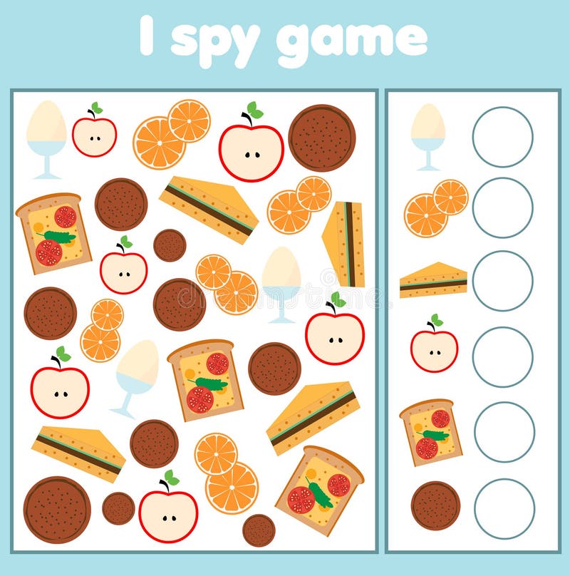 I spy game. Find and count food. Mathematics activity for kids, toddlers, children.