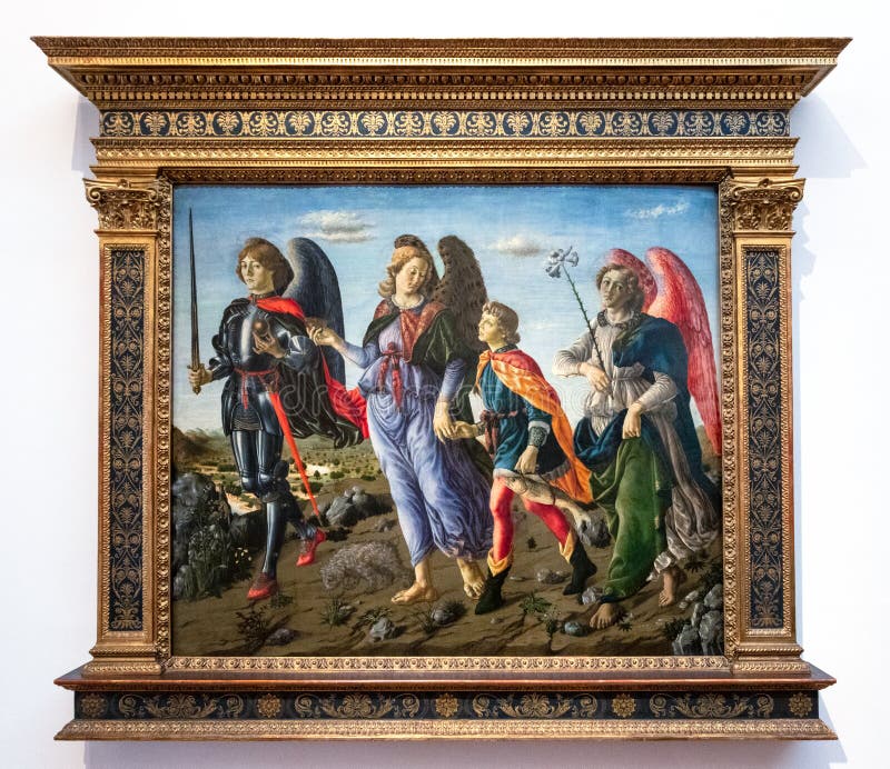 FLORENCE, TUSCANY/ITALY - OCTOBER 19 :The three archangels and Tobias painting in the Uffizi gallery in Florence on October 19, 2019. FLORENCE, TUSCANY/ITALY - OCTOBER 19 :The three archangels and Tobias painting in the Uffizi gallery in Florence on October 19, 2019