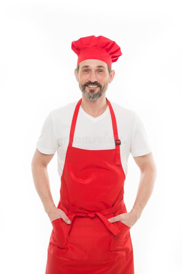 I Will Clean And Cook For You Bearded Mature Man In Chef Hat And Apron Stock Image Image Of 