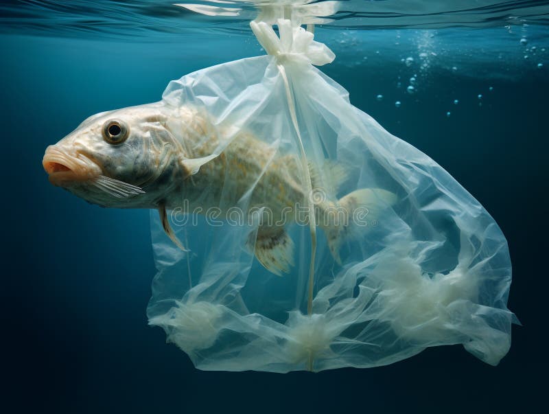 Big Fish Trapped in a Plastic Bag Due To Ocean Pollution Stock