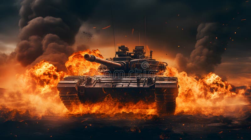 IA-Generated Cinematic HD 16K: Fictive Camo Army Tank Engaged in Fiery Warfare