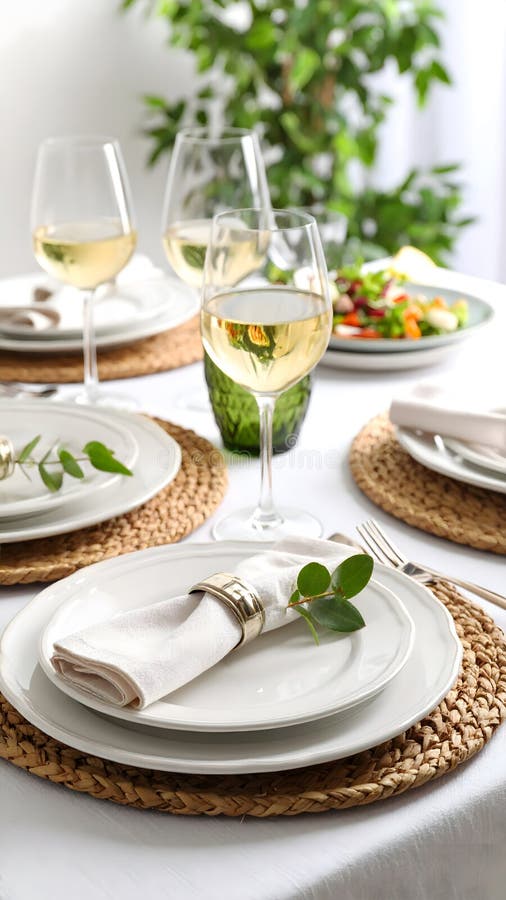 A beautifully set dining table features white wine glasses, plates with neat napkins and greenery, and a colorful salad. IA generativa.