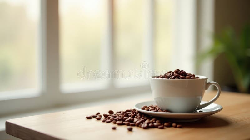Grãos de café aromáticos numa chávena branca sobre uma mesa de madeira junto a uma janela. IA generativa ilustração stock