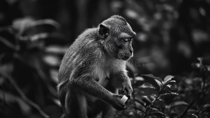 IAgenerada de un cierre en escala de grises de un mono sentado en una roca entre plantas verdes en la jungla stock de ilustración