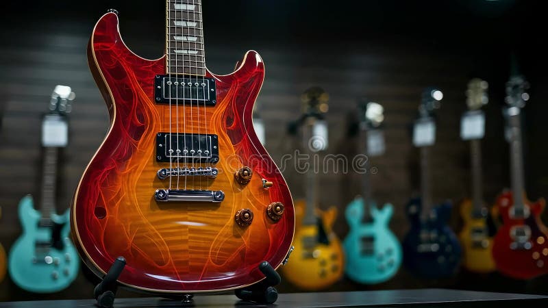 IAgenerada de un cierre de una brillante guitarra eléctrica con llamas impresas en un atril ilustración del vector