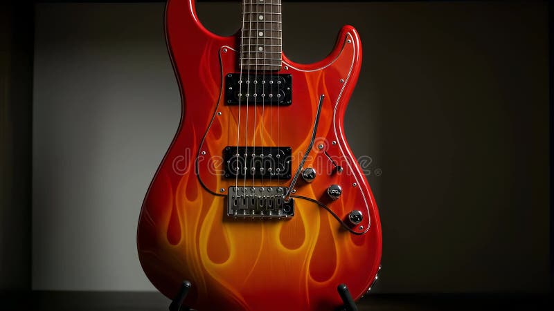 IAgenerada de un cierre de una guitarra eléctrica con llamas impresas en un soporte con un fondo oscuro ilustración del vector