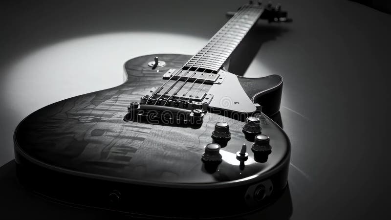 IAgenerada de una toma en escala de grises de closet de una brillante guitarra eléctrica en una superficie de madera ilustración del vector