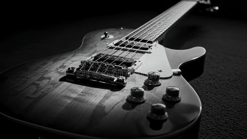 IAgenerada de una toma en escala de grises de closet de una guitarra eléctrica en una superficie de textura oscura stock de ilustración