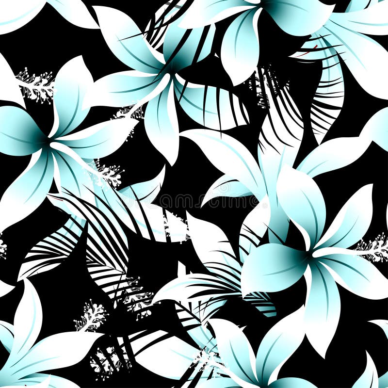 Ibisco bianco tropicale del frangipane con il picchiettio senza cuciture delle palme nere illustrazione vettoriale Ibisco bianco tropicale del frangipane con il picchiettio senza cuciture delle palme nere illustrazione vettoriale