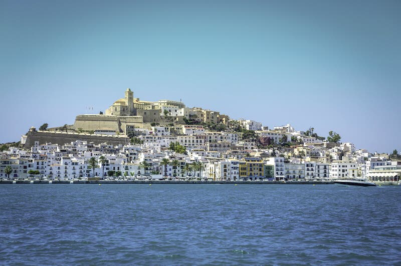 Ibiza Eivissa old town with blue Mediterranean sea city view