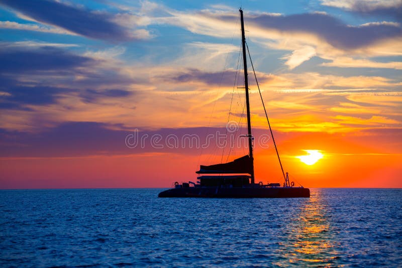 Ibiza San Antonio Abad Catamaran Sailboat Sunset Stock 