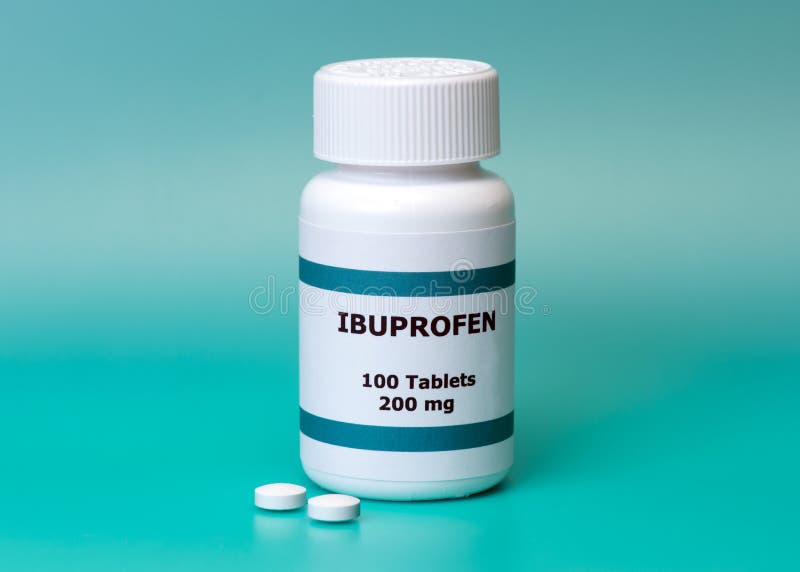 Ibuprofen bottle and tablets on aqua background. Label is not real.