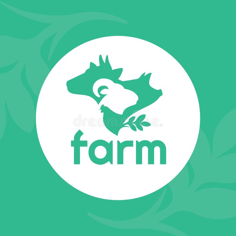 Vector illustration of farm animals. Logo for livestock company, stock raising. Round symbol with cow, pig, ram and chicken. Green sign for ranching. Label for Bio products, farmers fair or market. Vector illustration of farm animals. Logo for livestock company, stock raising. Round symbol with cow, pig, ram and chicken. Green sign for ranching. Label for Bio products, farmers fair or market