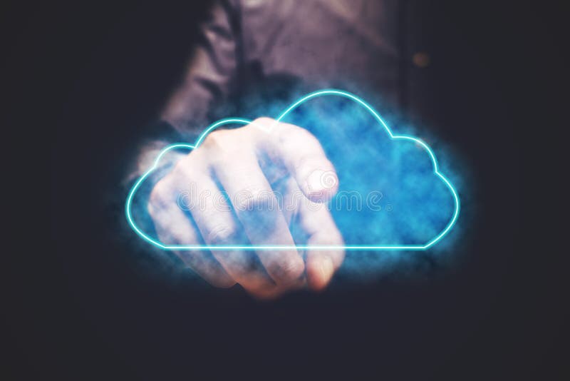 Icône de calcul de nuage de pressing d'homme d'affaires avec l'écran vitual photographie stock libre de droits Icône de calcul de nuage de pressing d'homme d'affaires avec l'écran vitual photographie stock libre de droits