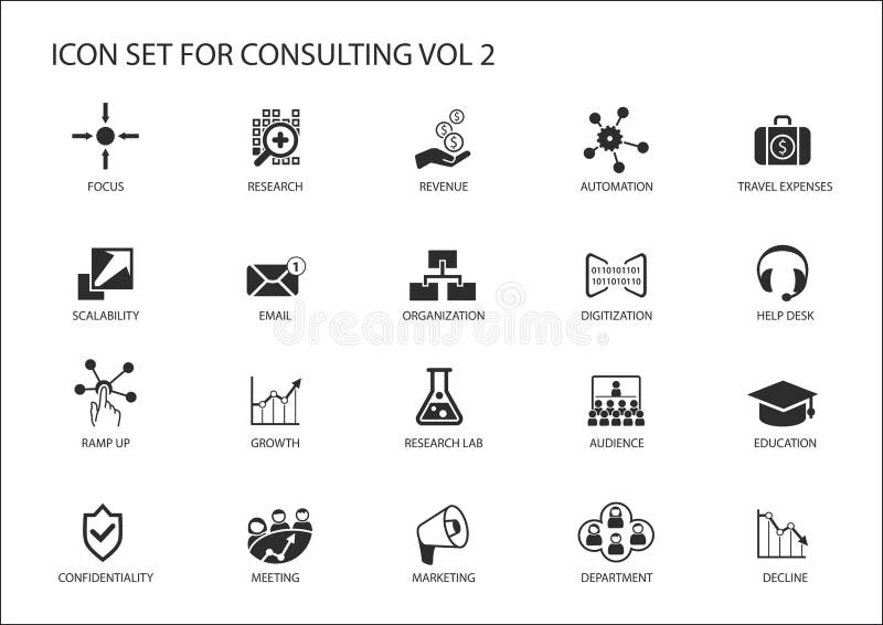 Vector icon set for topic consulting. Various symbols for strategy consulting, IT consulting, business consulting and management consulting. Vector icon set for topic consulting. Various symbols for strategy consulting, IT consulting, business consulting and management consulting.