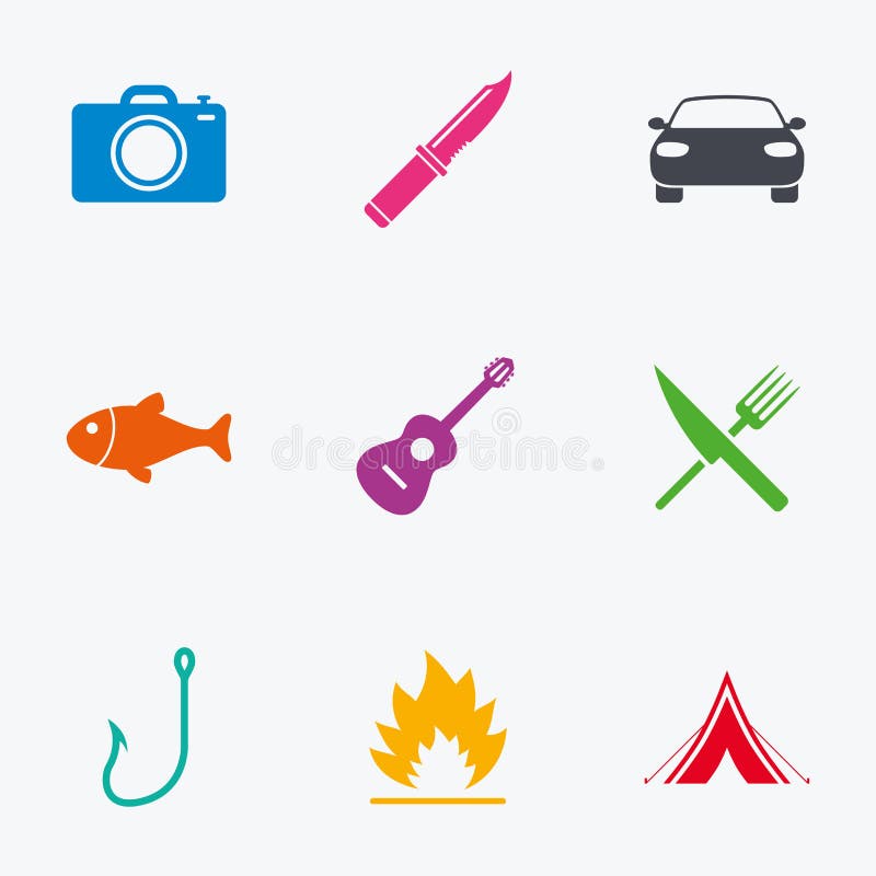 Icônes campantes de voyage Pêche, tente de touristes illustration libre de droits Icônes campantes de voyage Pêche, tente de touristes illustration libre de droits