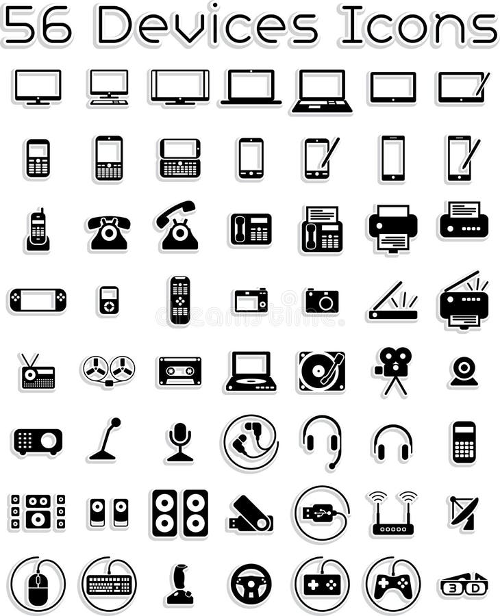 Vector icons set covering electronic devices: computers, tablets, laptops, accessories. AI8 vector file included. Vector icons set covering electronic devices: computers, tablets, laptops, accessories. AI8 vector file included.