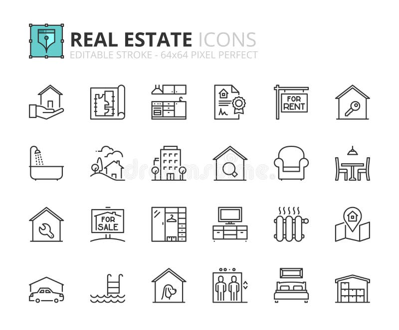 Outline icons about real estate. Editable stroke. 64x64 pixel perfect. Outline icons about real estate. Editable stroke. 64x64 pixel perfect.