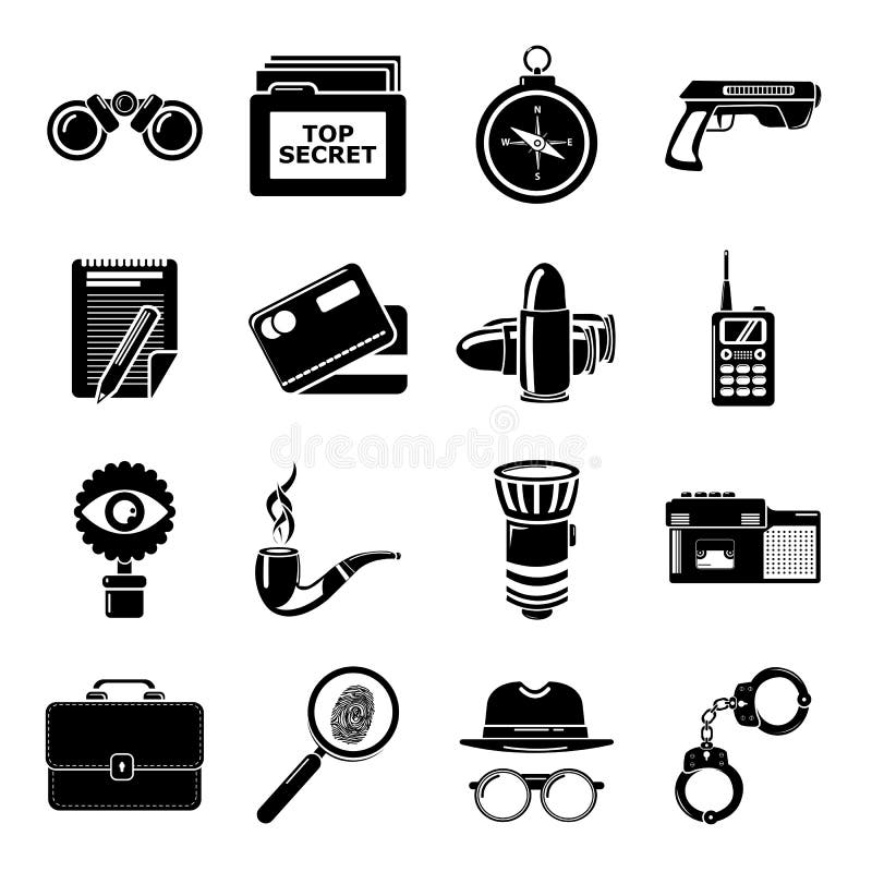 Spy icons set secret investigation. Simple illustration of 16 spy vector icons for web. Spy icons set secret investigation. Simple illustration of 16 spy vector icons for web