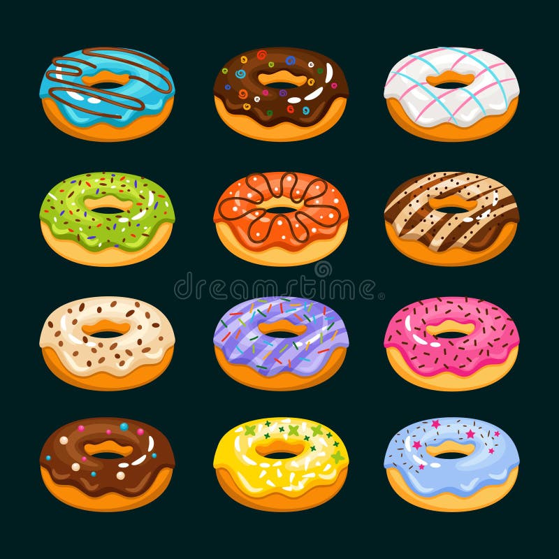 Icônes de bande dessinée de gâteau de beignet Illustration de vecteur de butées toriques assortie par chocolat illustration libre de droits Icônes de bande dessinée de gâteau de beignet Illustration de vecteur de butées toriques assortie par chocolat illustration libre de droits