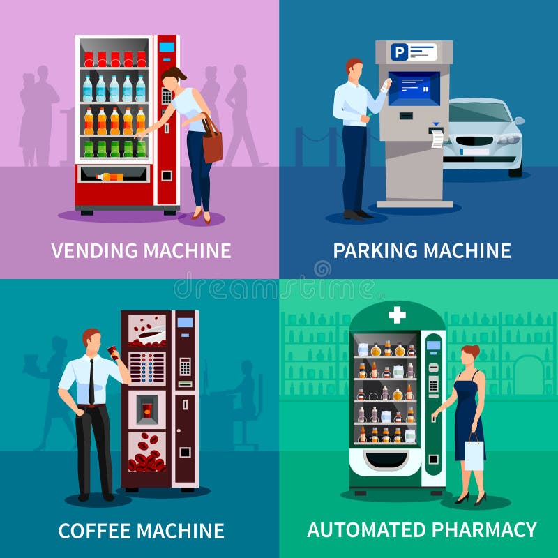 Icônes de concept de distributeurs automatiques réglées illustration de vecteur Icônes de concept de distributeurs automatiques réglées illustration de vecteur