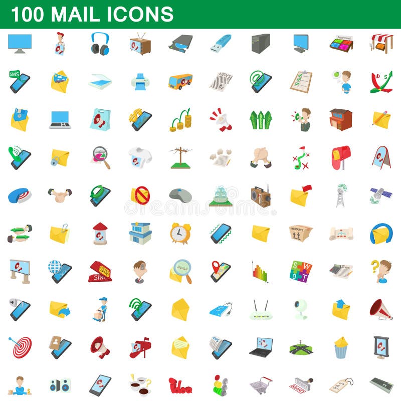 100 icônes de courrier réglées, style de bande dessinée illustration de vecteur 100 icônes de courrier réglées, style de bande dessinée illustration de vecteur