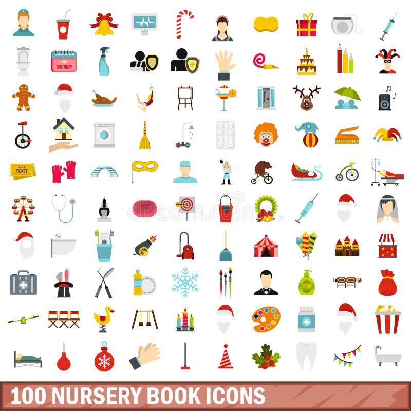 100 icônes de livre de crèche réglées, style plat illustration de vecteur 100 icônes de livre de crèche réglées, style plat illustration de vecteur