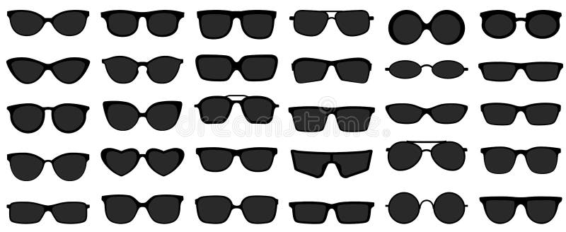 Ic?nes de lunettes de soleil Sunglass noirs, silhouette en verre des hommes et rétro ensemble de vecteur d'icône d'eyewear