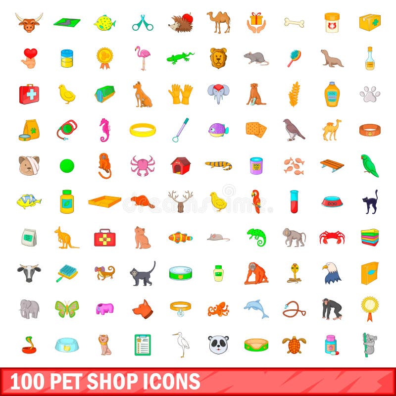 100 icônes de magasin de bêtes réglées, style de bande dessinée illustration de vecteur 100 icônes de magasin de bêtes réglées, style de bande dessinée illustration de vecteur