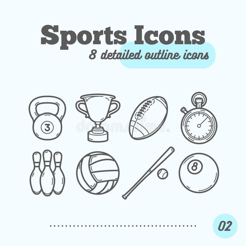 Icônes de sports réglées (Kettlebell, trophée, football, minuterie, quilles, volleyball, base-ball, boule de billard) illustration libre de droits Icônes de sports réglées (Kettlebell, trophée, football, minuterie, quilles, volleyball, base-ball, boule de billard) illustration libre de droits