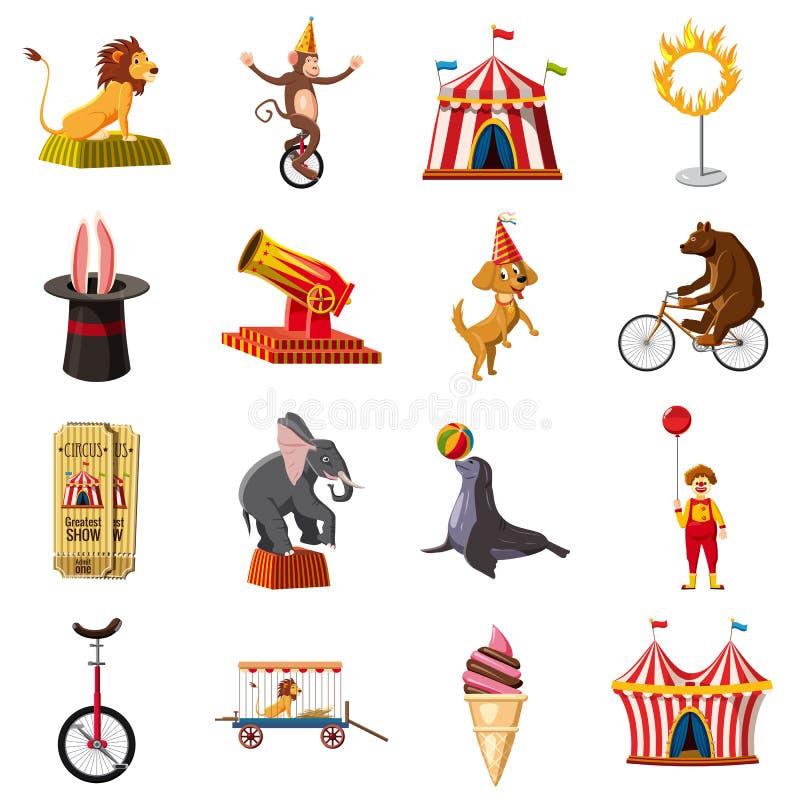 Icônes de symboles de cirque réglées, style de bande dessinée illustration stock Icônes de symboles de cirque réglées, style de bande dessinée illustration stock