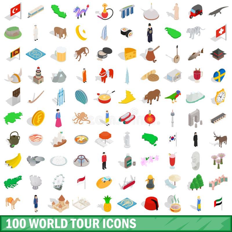 100 icônes de tour du monde réglées, style 3d isométrique illustration libre de droits 100 icônes de tour du monde réglées, style 3d isométrique illustration libre de droits