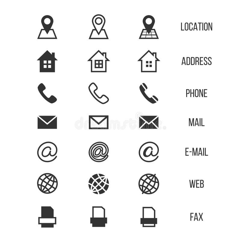 Icônes de vecteur de carte de visite professionnelle de visite, maison, téléphone, adresse, téléphone, fax, Web, symboles d'empla