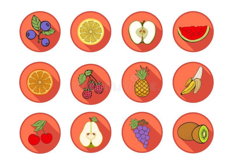 Icônes de vecteur de fruit Divers fruits et baies d'icônes multicolores réglées dans un cadre orange rond avec une ombre biseauté illustration libre de droits Icônes de vecteur de fruit Divers fruits et baies d'icônes multicolores réglées dans un cadre orange rond avec une ombre biseauté illustration libre de droits