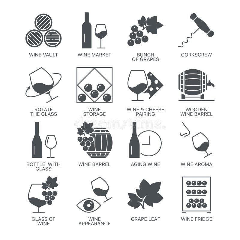 Icônes de vin réglées d'isolement sur le fond blanc illustration de vecteur Icônes de vin réglées d'isolement sur le fond blanc illustration de vecteur