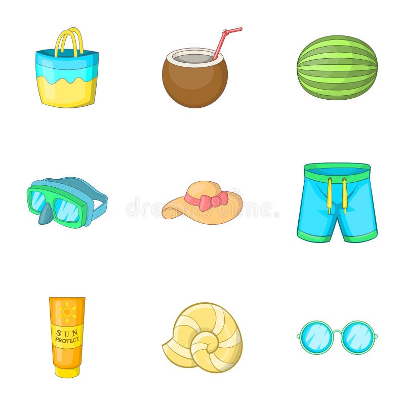Icônes de voyage d'été réglées, style de bande dessinée illustration stock Icônes de voyage d'été réglées, style de bande dessinée illustration stock