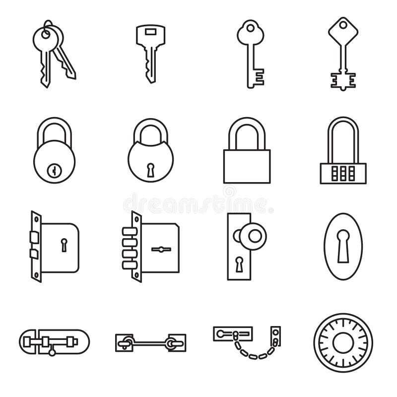 Icônes des clés et des serrures d'isolement sur un fond blanc illustration stock Icônes des clés et des serrures d'isolement sur un fond blanc illustration stock