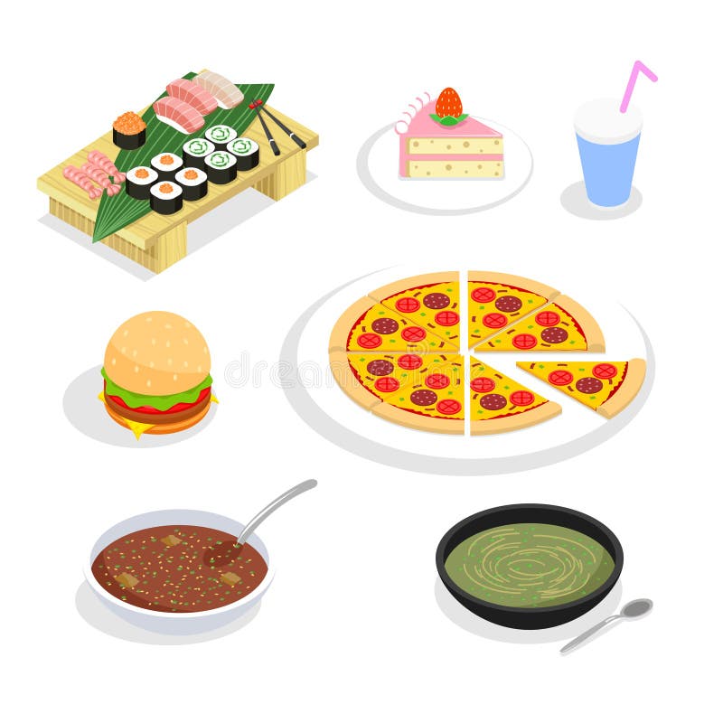 Icônes isométriques de nourriture Hamburgers et sushi, gâteau illustration libre de droits Icônes isométriques de nourriture Hamburgers et sushi, gâteau illustration libre de droits