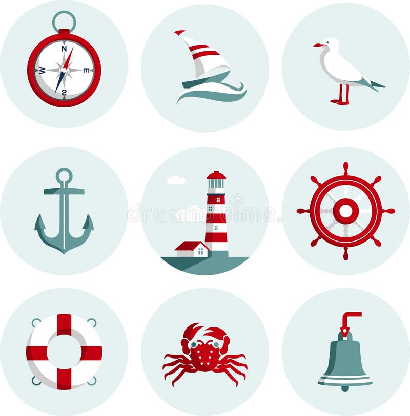 Set of nautical icons and design elements in flat style. Set of nautical icons and design elements in flat style