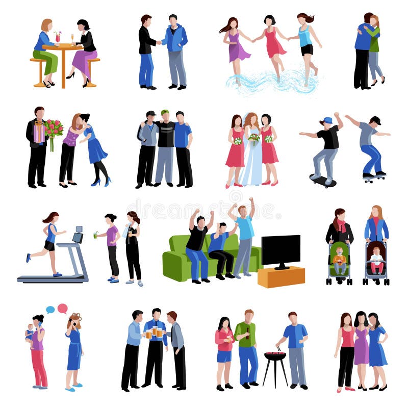 Icônes plates d'activités d'amis d'amis réglées illustration stock Icônes plates d'activités d'amis d'amis réglées illustration stock